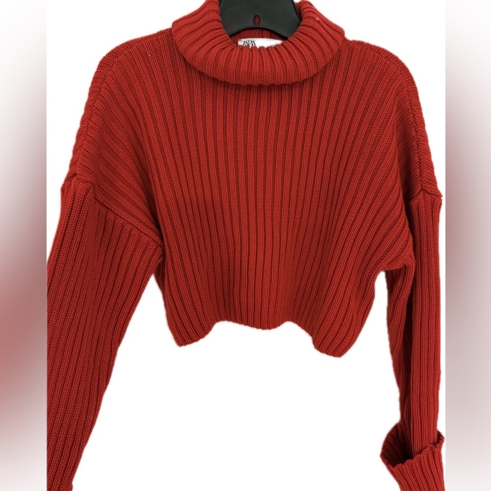 Zara Cozy Red Turtleneck Knit Sweater Cropped